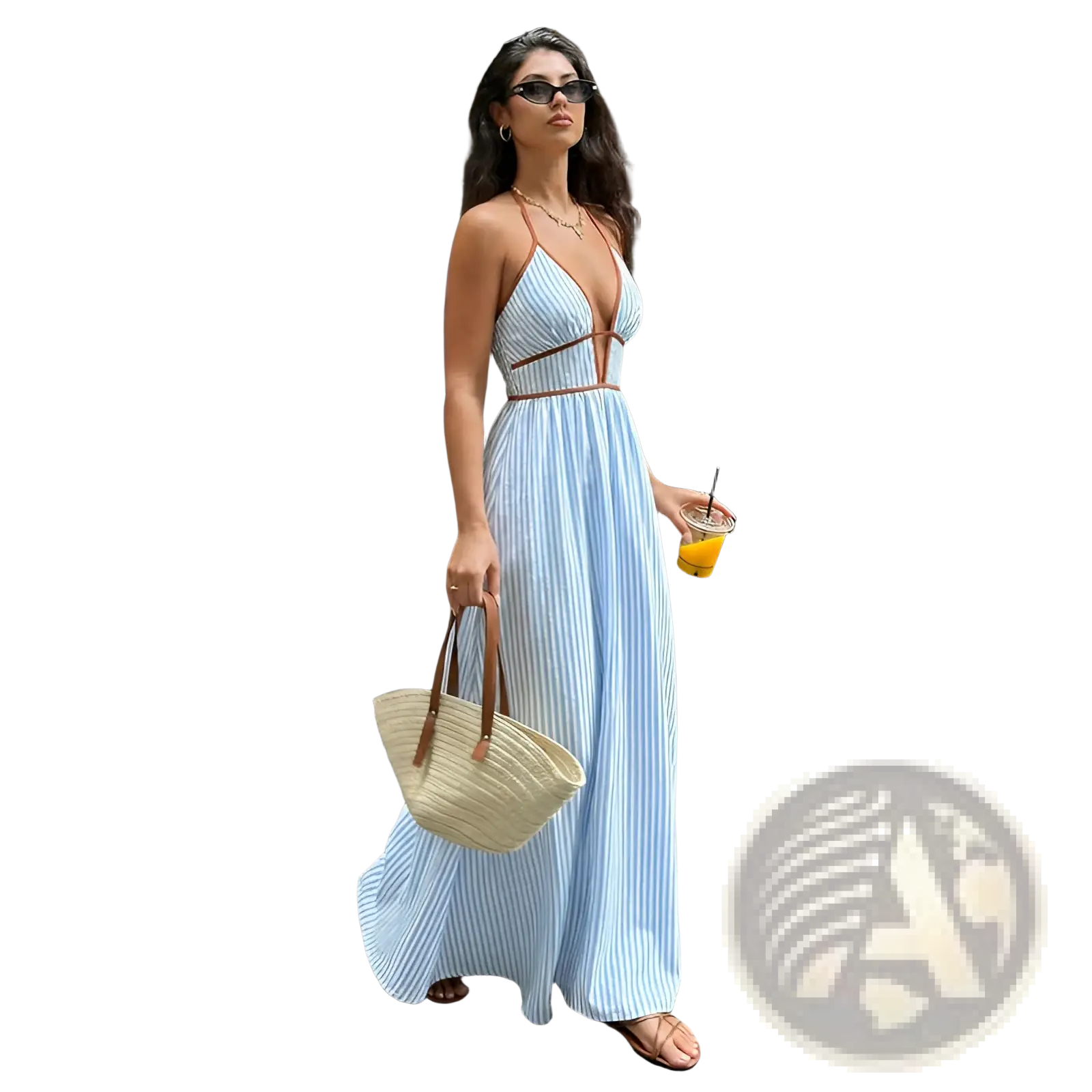 A light blue and white striped v neck summer maxi dress with thin brown straps and a cinched waist