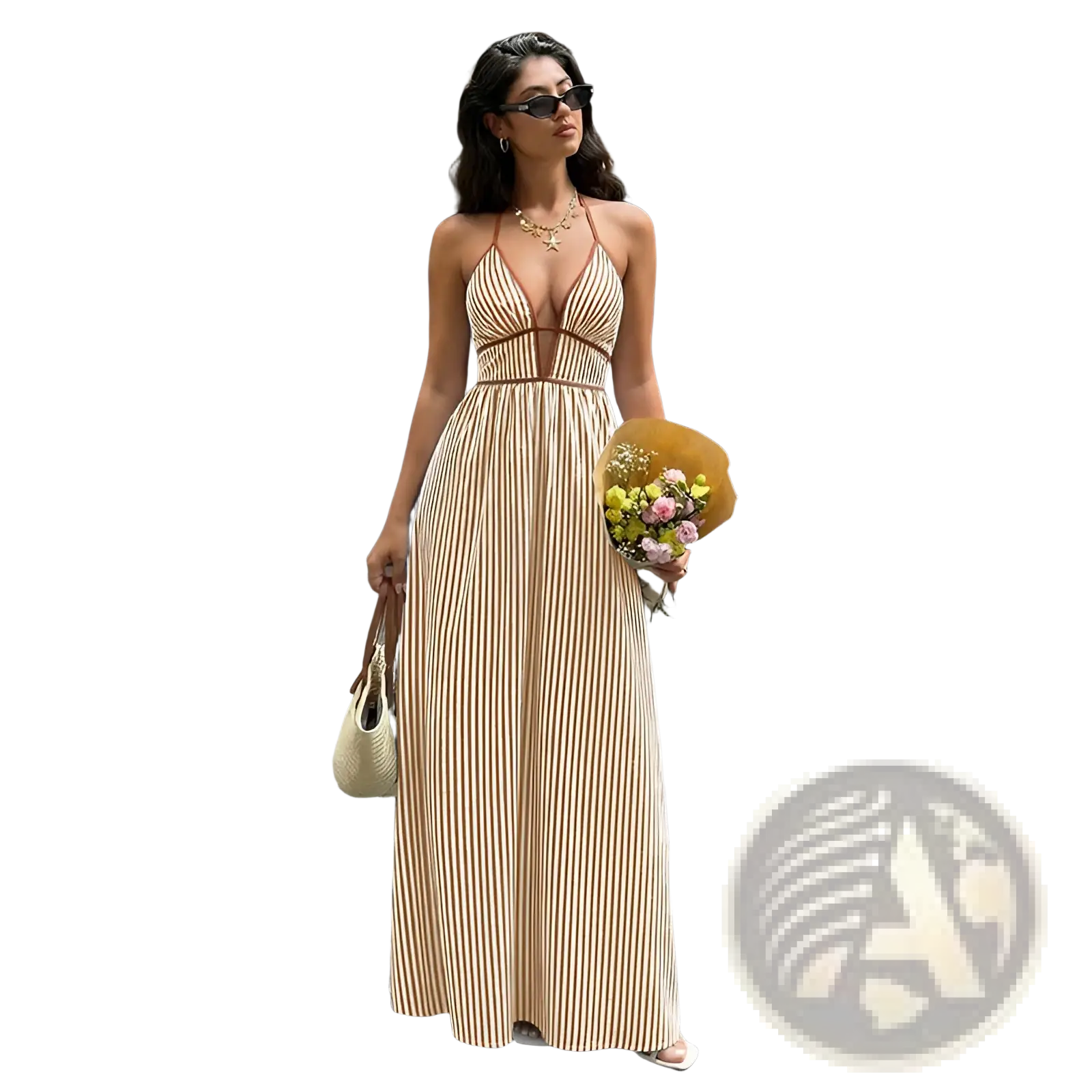 Beige and cream vertical-striped halter-neck summer maxi dress with a plunging neckline and fitted waist