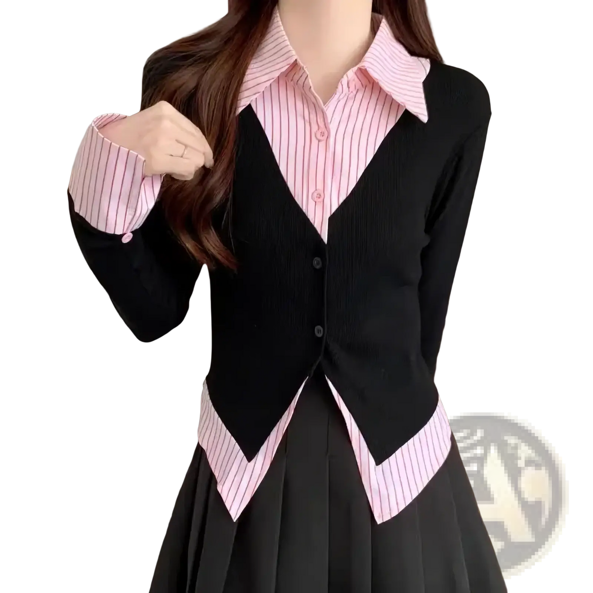 Black ribbed knit cardigan with pink and white striped collar and cuffs long sleeve women’s top