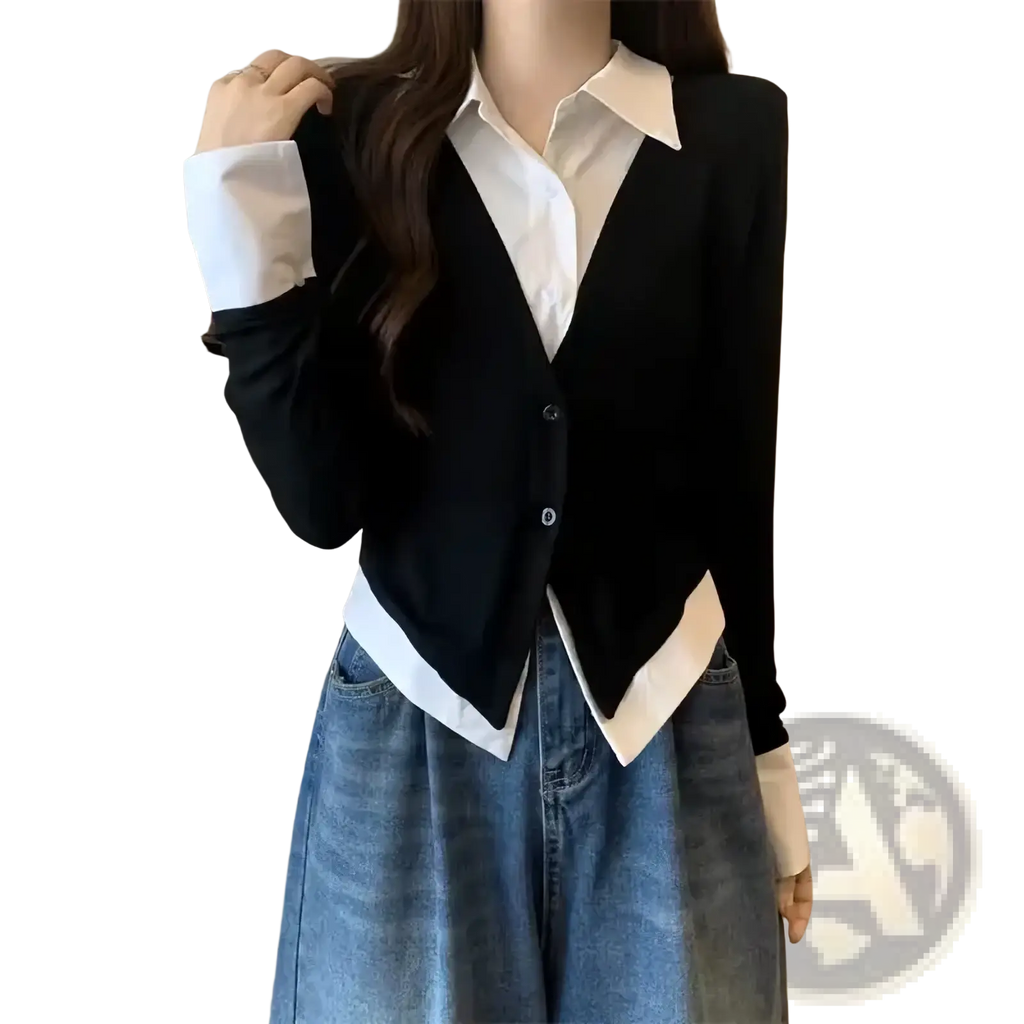 Black ribbed knit cardigan with white contrast collar and cuffs featured in striped women long sleeve knit top