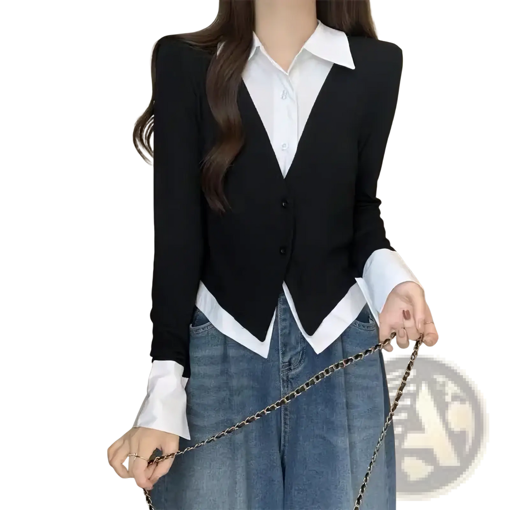 Striped women long sleeve knit cardigan top in black and white contrast with v-neck and button closure