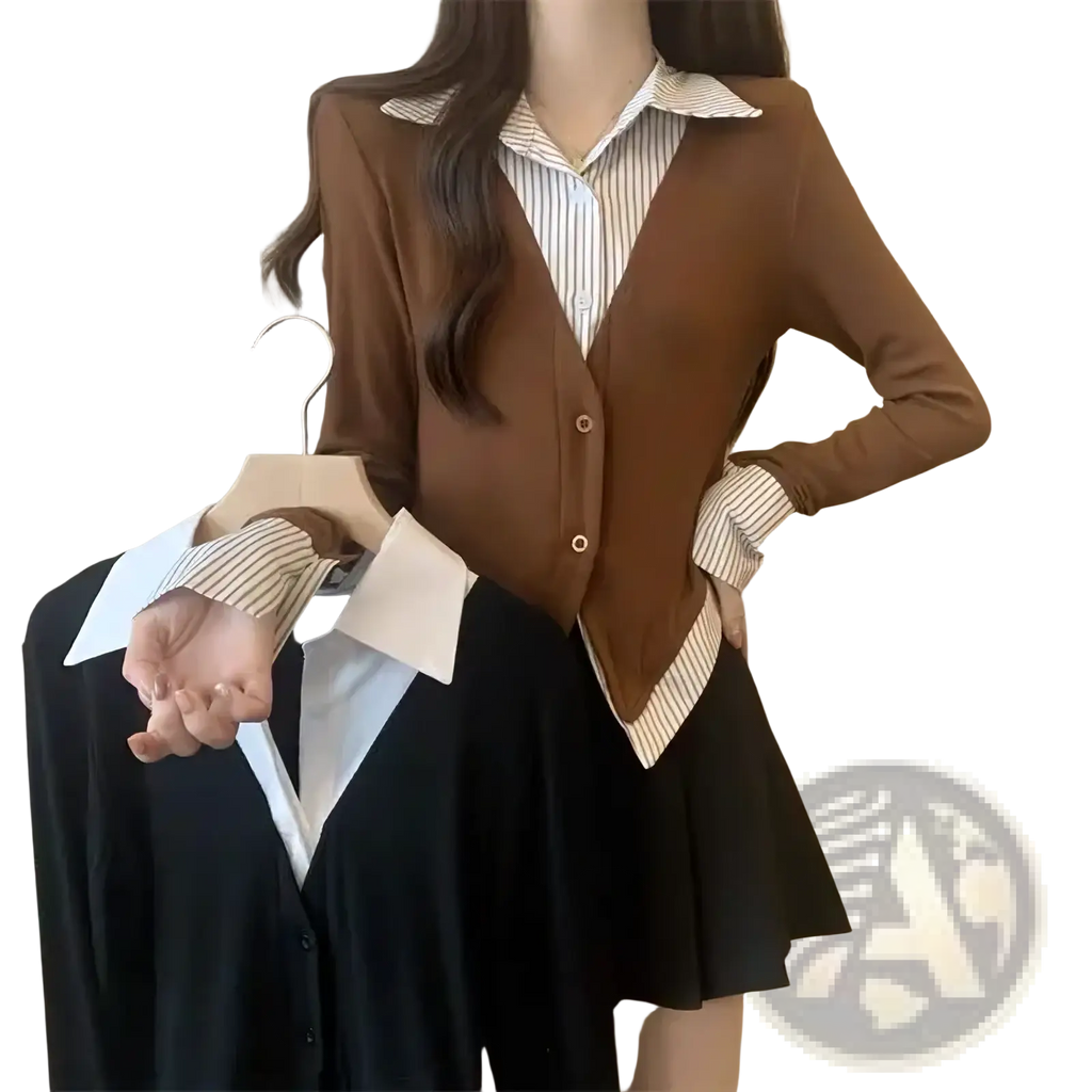 Brown knit long sleeve cardigan top with striped collar and cuffs layered over white and blue striped shirt