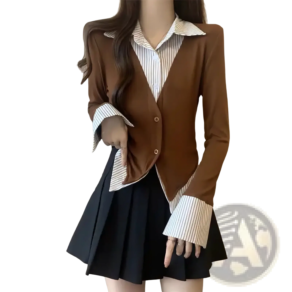 Brown long-sleeved knit cardigan top with striped collar and cuffs over a white and blue pinstriped shirt