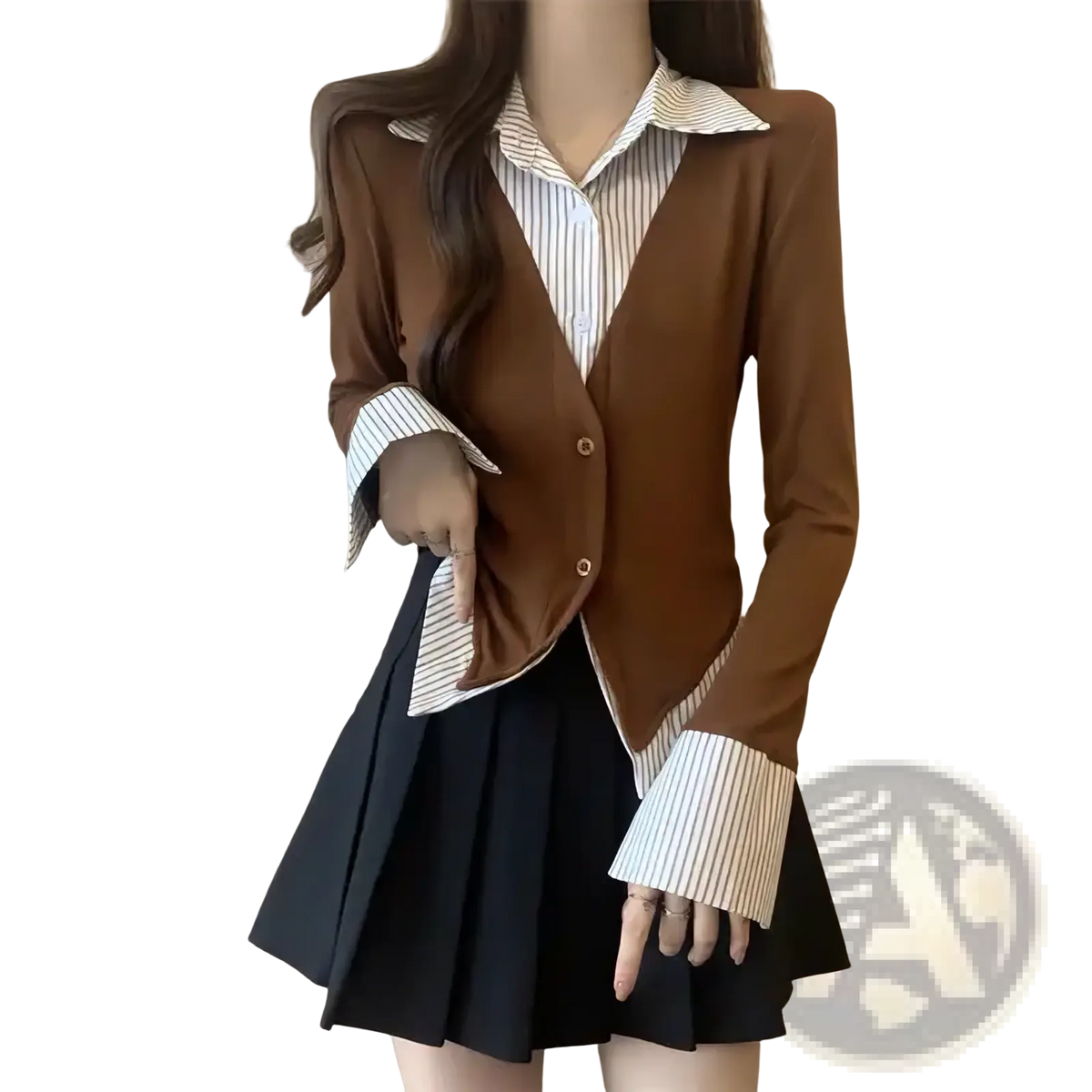 Brown long-sleeved knit cardigan top with striped collar and cuffs over a white and blue pinstriped shirt