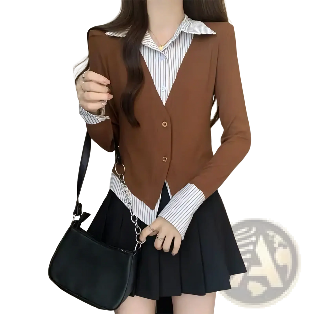 Brown long-sleeved knit cardigan with collar and button closure featured in striped women long sleeve top collection