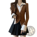 Brown long-sleeved knit cardigan top with striped collar and cuffs for women in a soft knit material