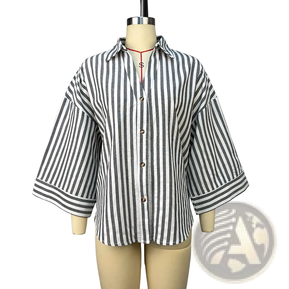 A relaxed-fit striped y2k button up blouse with black and white vertical stripes and three-quarter length sleeves