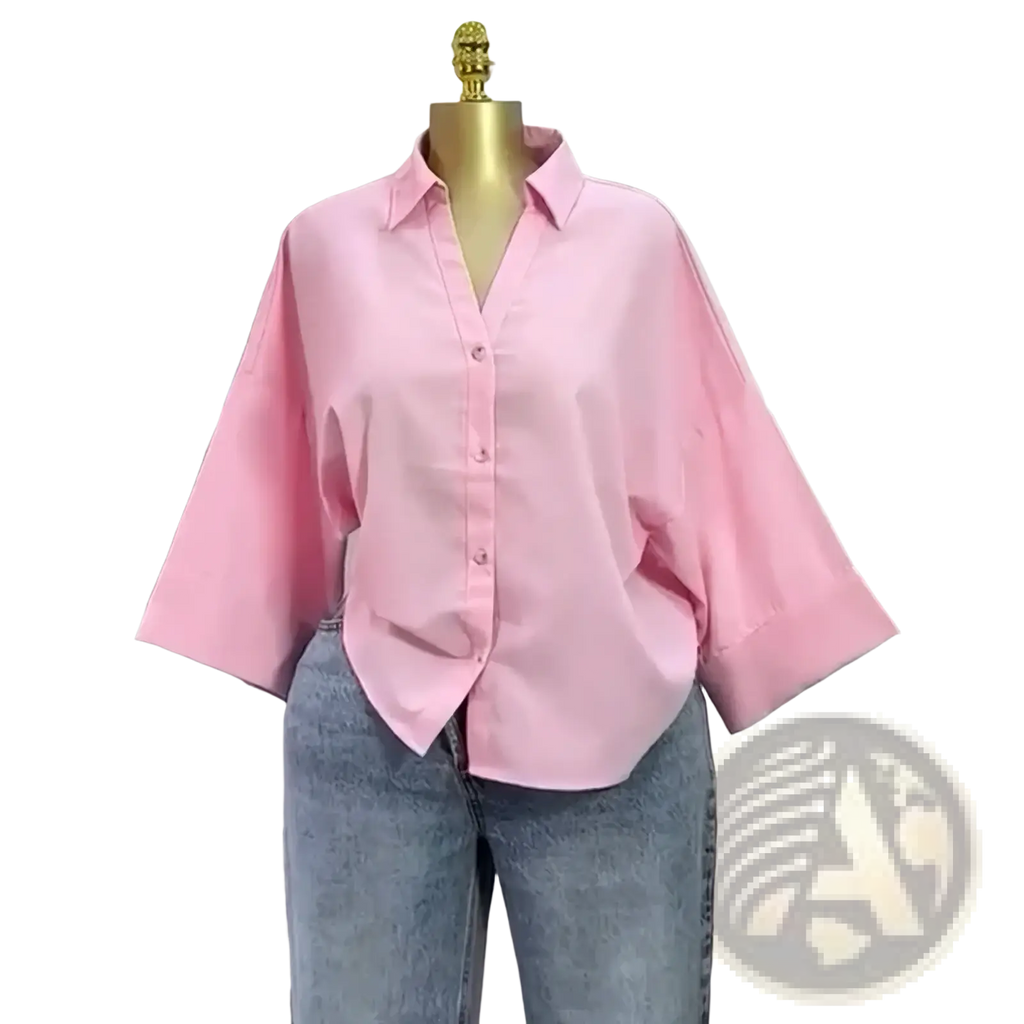 Soft pink loose-fitting striped y2k button-up blouse with three-quarter sleeves displayed on a mannequin