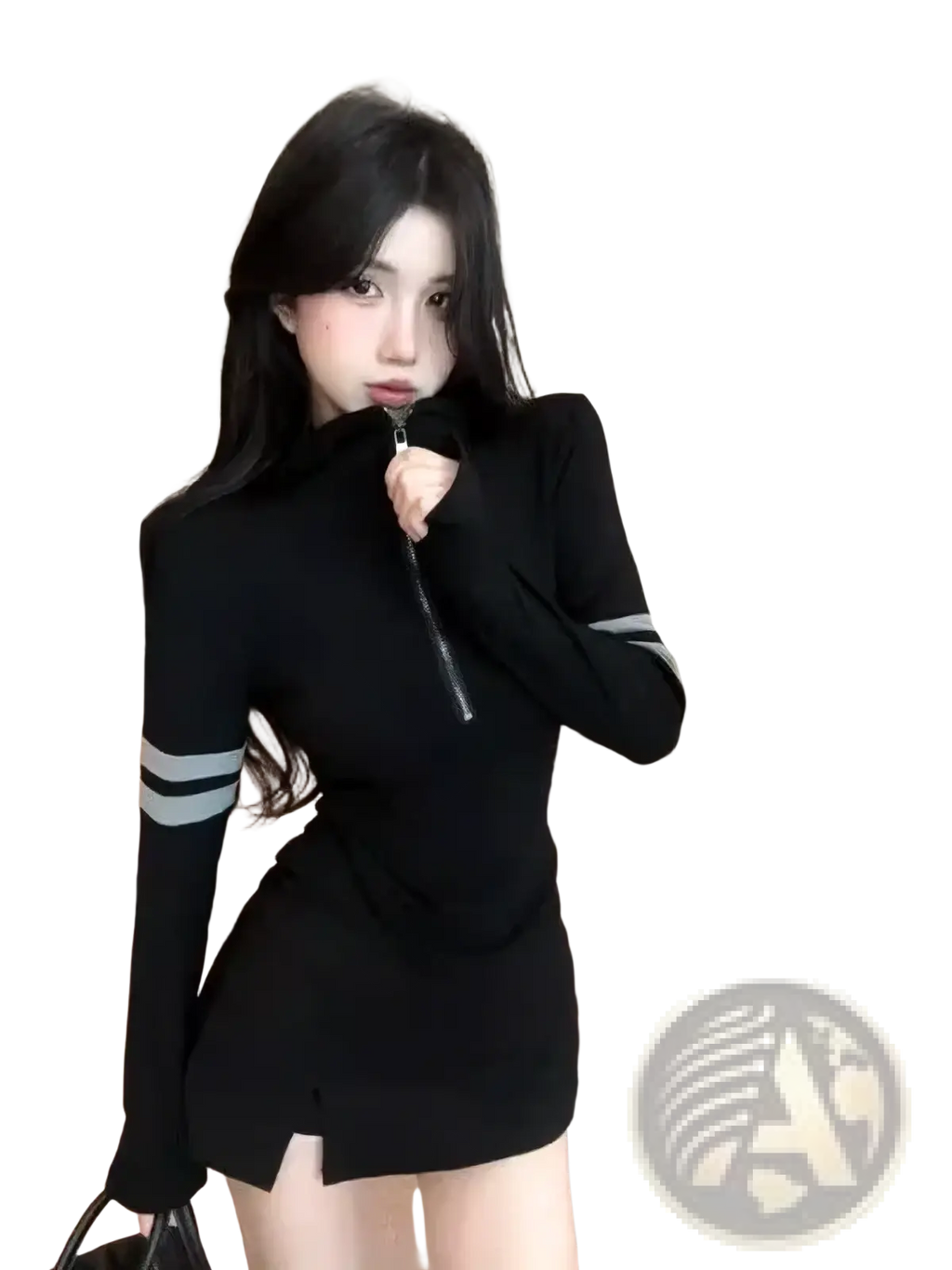 Black long-sleeved zip-neck dress with two gray horizontal stripes on each sleeve from striped zipper hoodie T-shirt collection