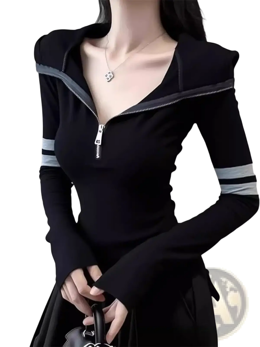 Black long-sleeved zip-up striped zipper hoodie t-shirt with gray trim and striped cuffs in cotton blend fabric