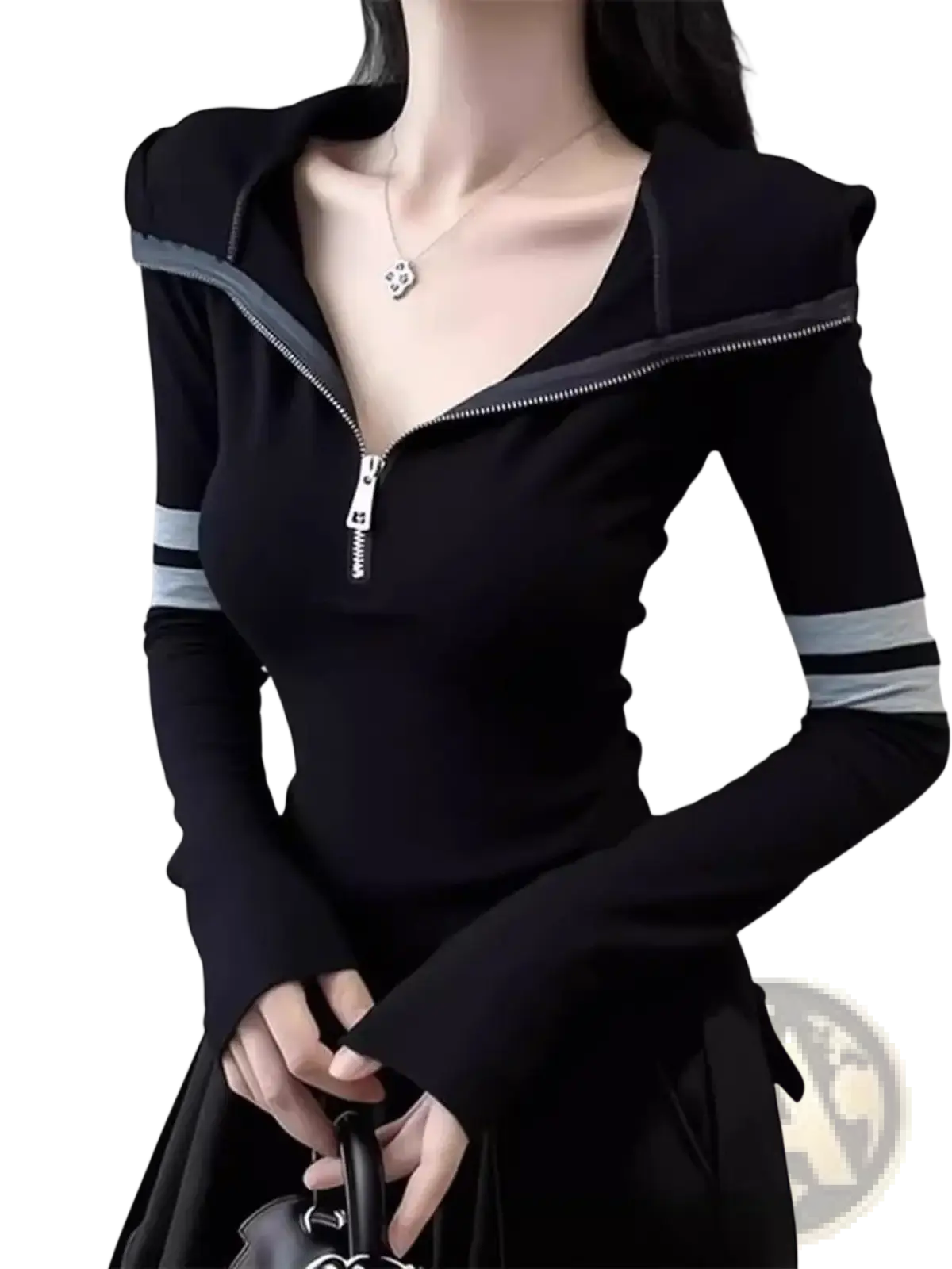 Black long-sleeved zip-up striped zipper hoodie t-shirt with gray trim and striped cuffs in cotton blend fabric