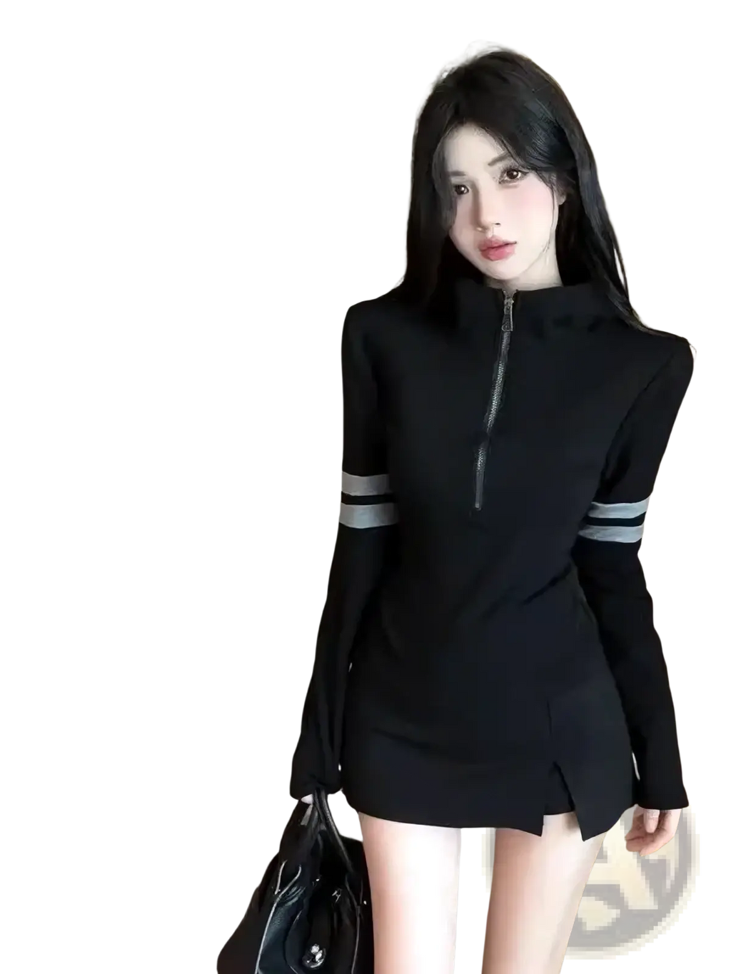 Black zip-up dress with gray striped sleeves made of comfortable fabric for casual or athletic wear