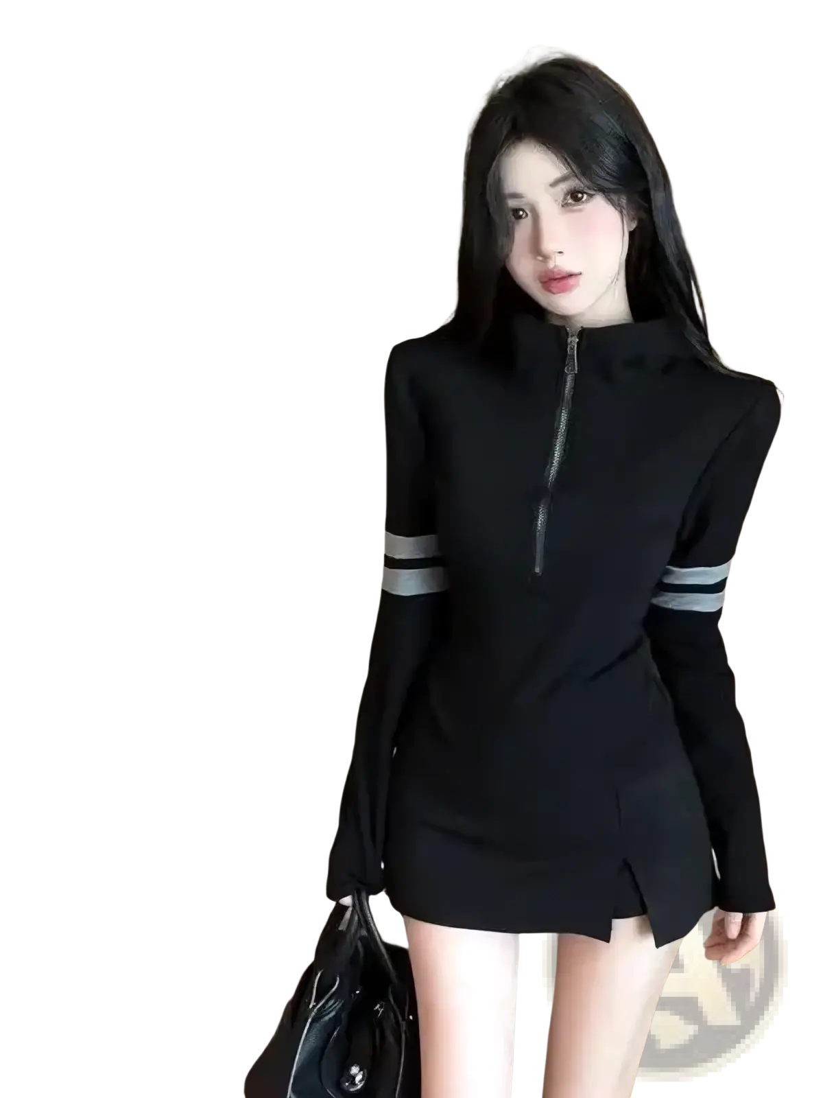 Black zip-up dress with gray striped sleeves made of comfortable fabric for casual or athletic wear