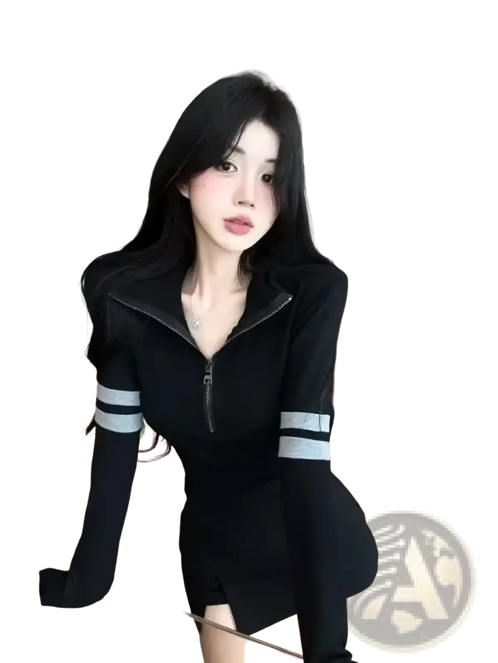 Black zip-up long-sleeve dress with silver striped sleeves in a casual striped zipper hoodie t-shirt style