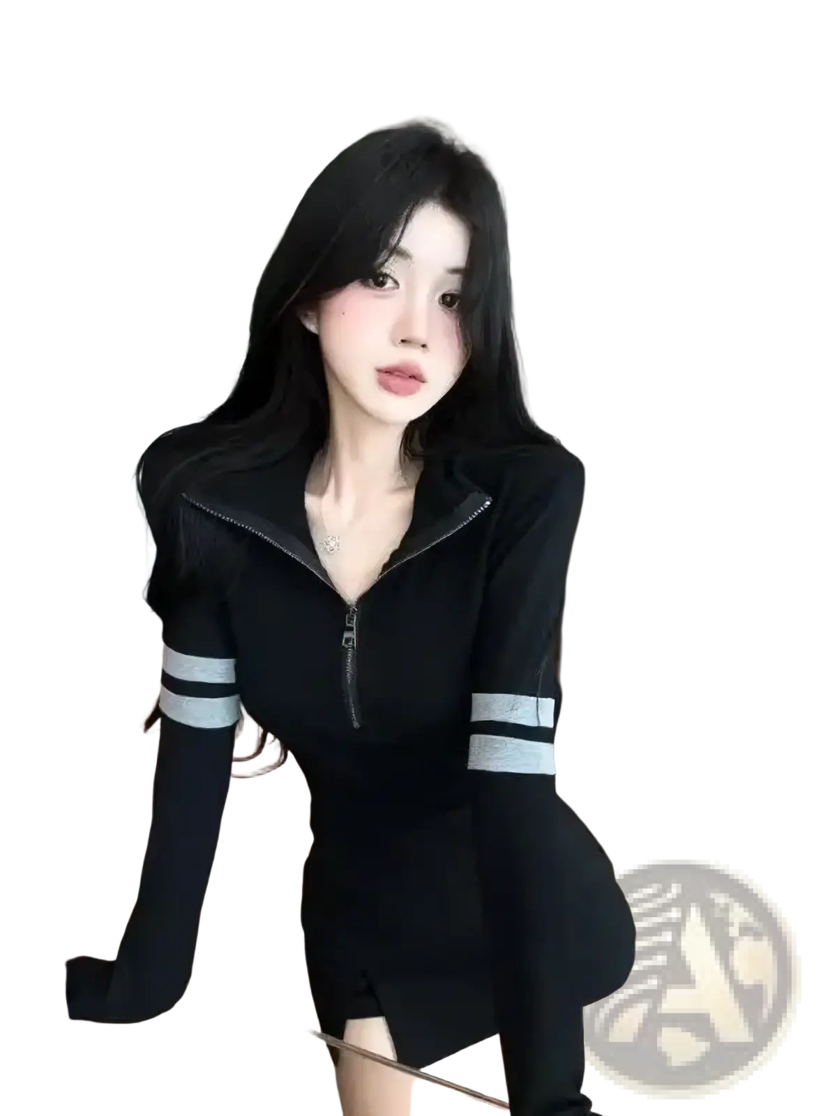 Black zip-up long-sleeve dress with silver striped sleeves in a casual striped zipper hoodie t-shirt style