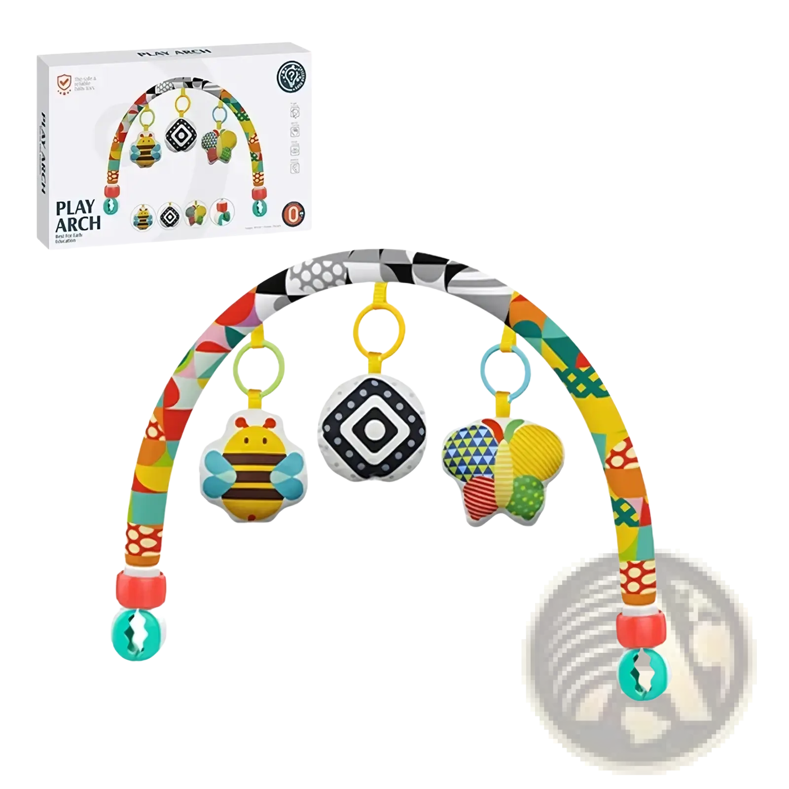 Colorful patterned stroller arch toy sensory activity center with soft plush hanging toys for babies