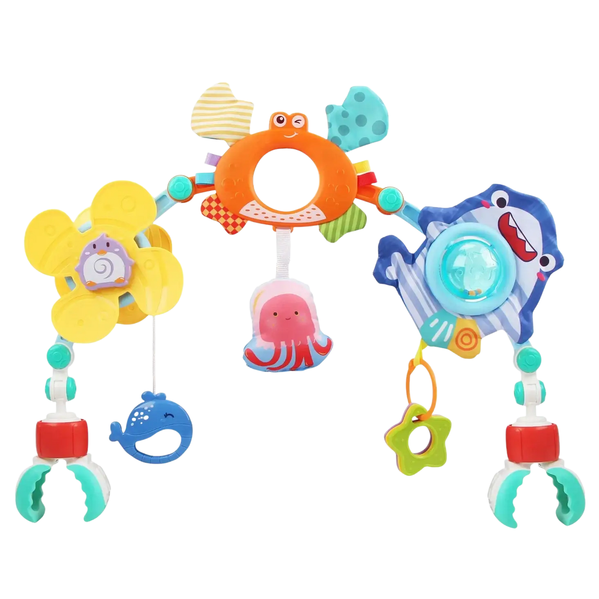 Brightly colored ocean-themed stroller arch toy with plush sea creatures and interactive sensory activity center for babies