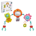 Brightly colored plastic stroller arch toy with animal-themed hanging sensory activity center for babies