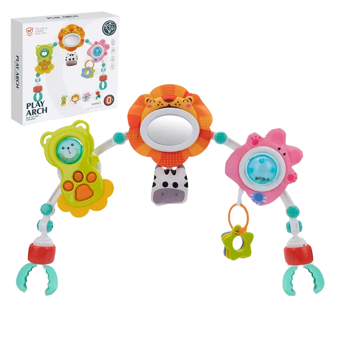 Brightly colored plastic stroller arch toy with animal-themed hanging sensory activity center for babies