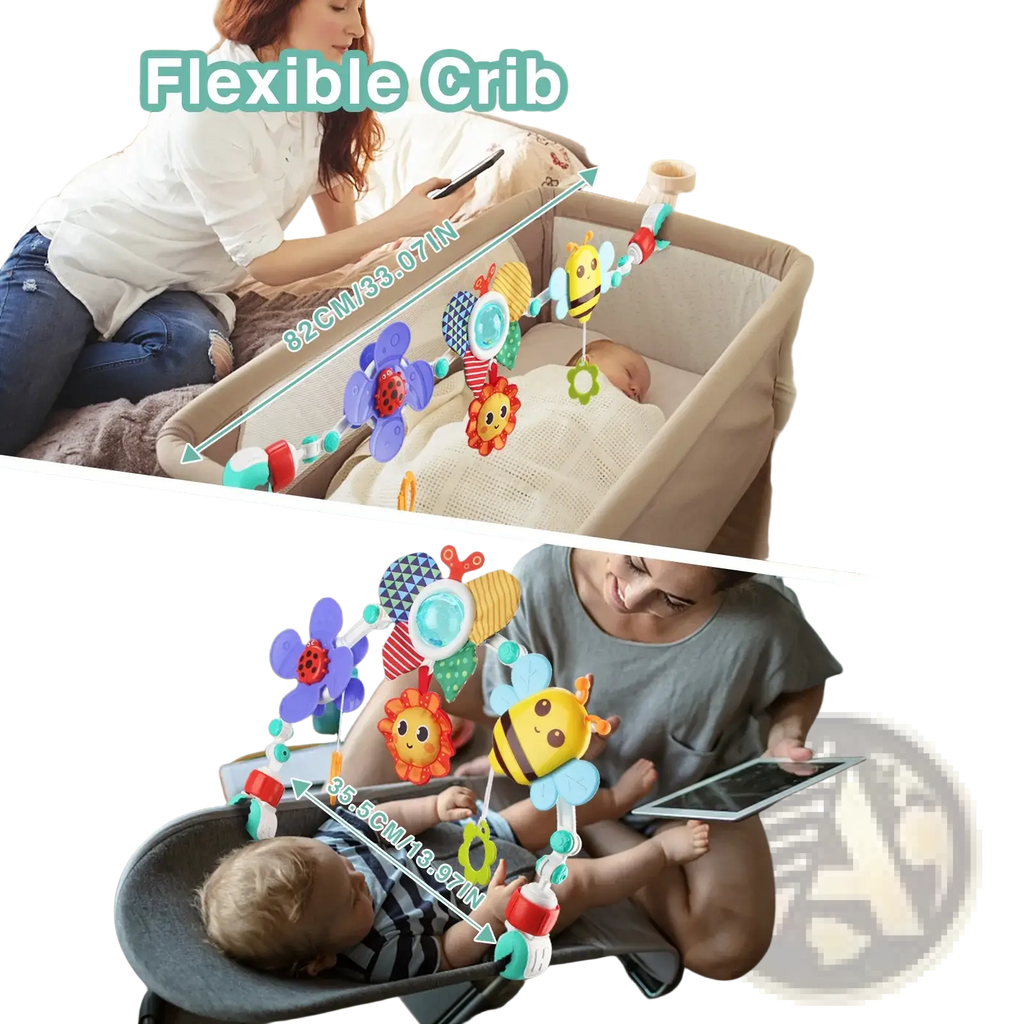 Colorful flexible crib bar toy with plush bee flower and sun motifs for stroller arch sensory activity center
