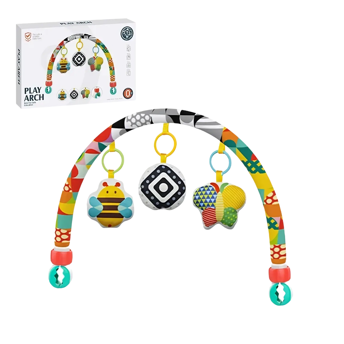 Colorful patterned stroller arch toy sensory activity center with soft plush hanging toys for babies