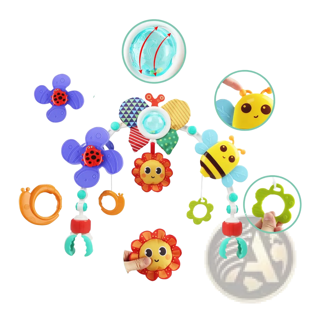 Colorful plastic stroller arch toy sensory activity center for babies with cartoon animal and flower charms
