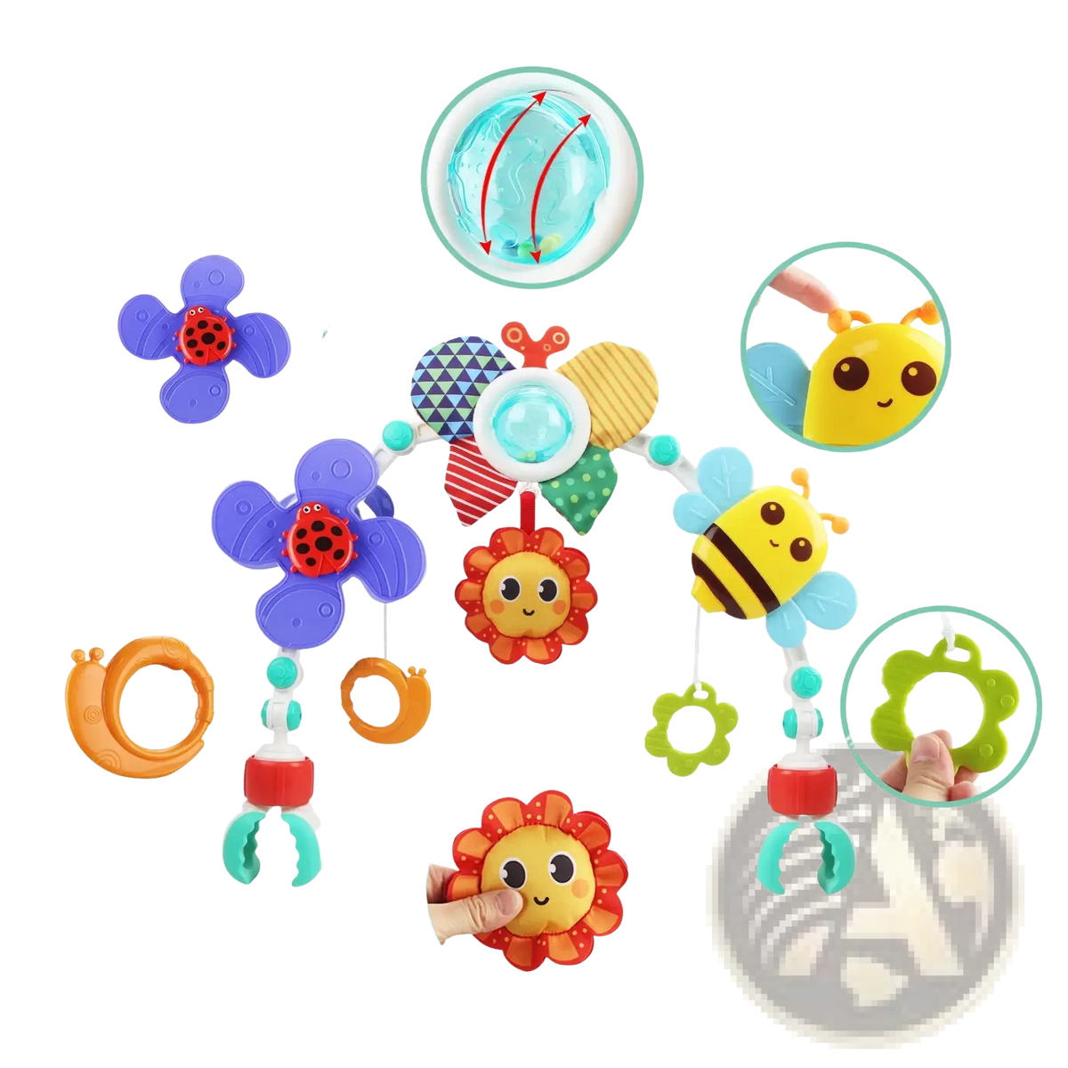 Colorful plastic stroller arch toy sensory activity center for babies with cartoon animal and flower charms