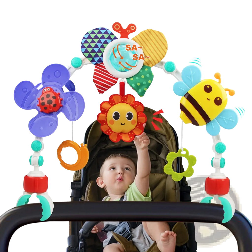 Colorful plastic stroller arch toy sensory activity center with insect and flower designs hanging above stroller