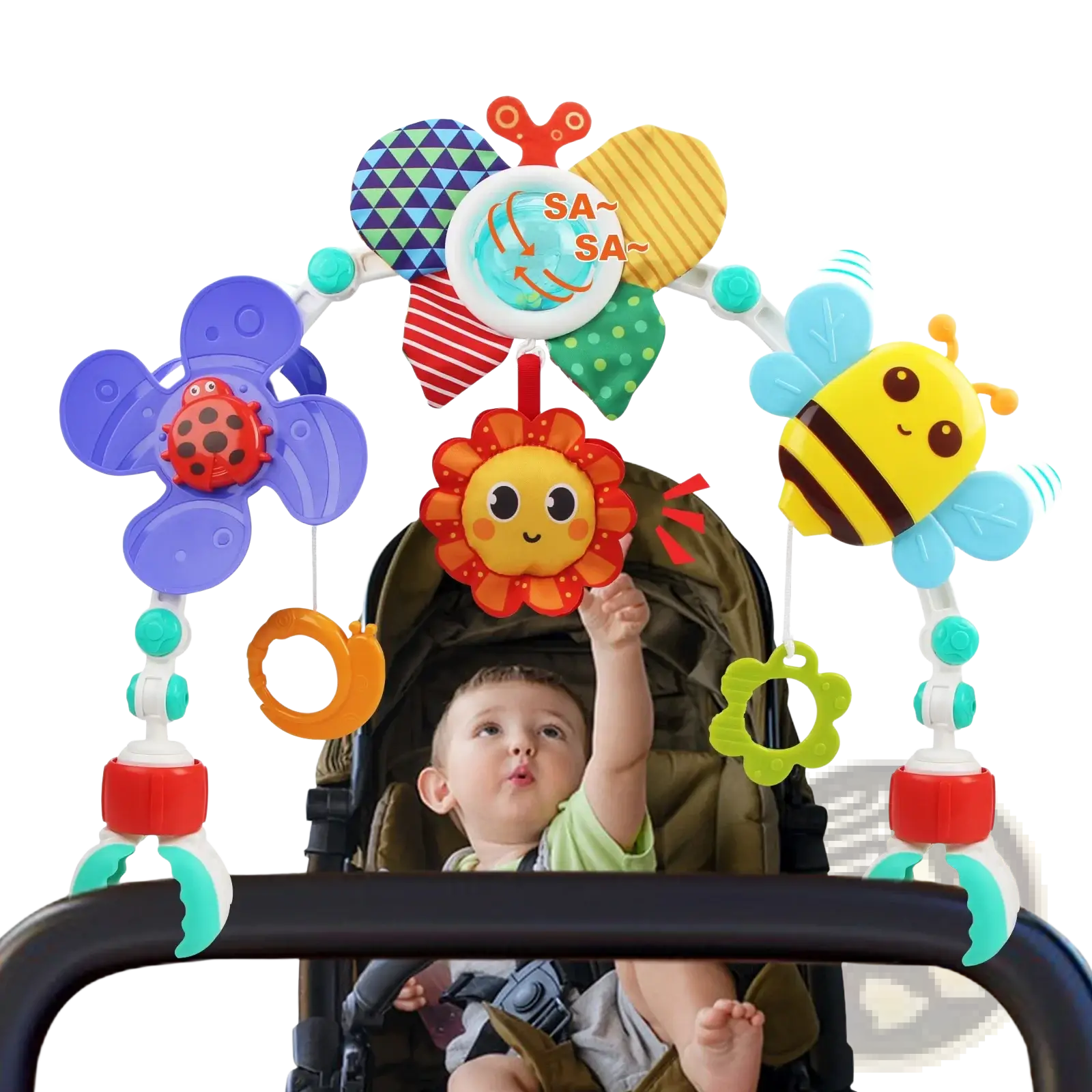 Colorful plastic stroller arch toy sensory activity center with insect and flower designs hanging above stroller
