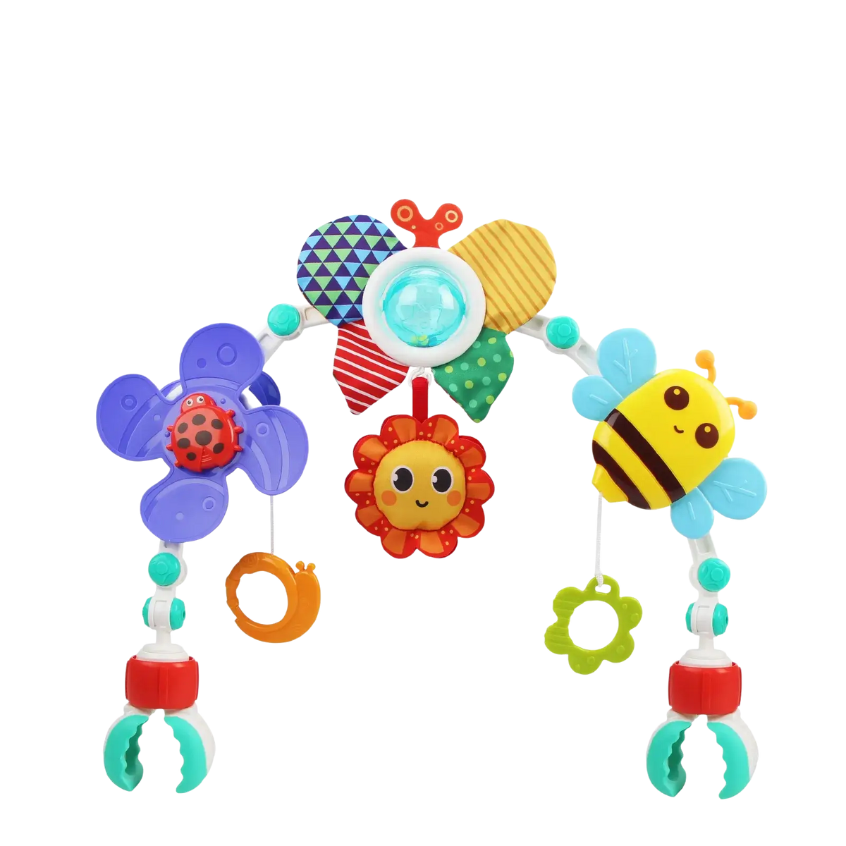 Colorful plastic stroller arch toy with plush insect and flower toys for sensory activity center for babies