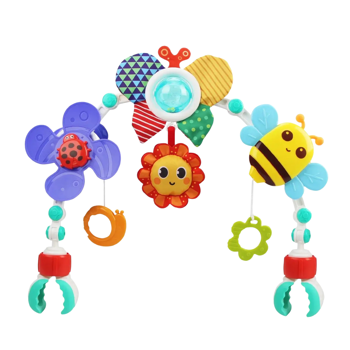 Colorful plastic stroller arch toy sensory activity center with insect and flower designs and a light-up orb