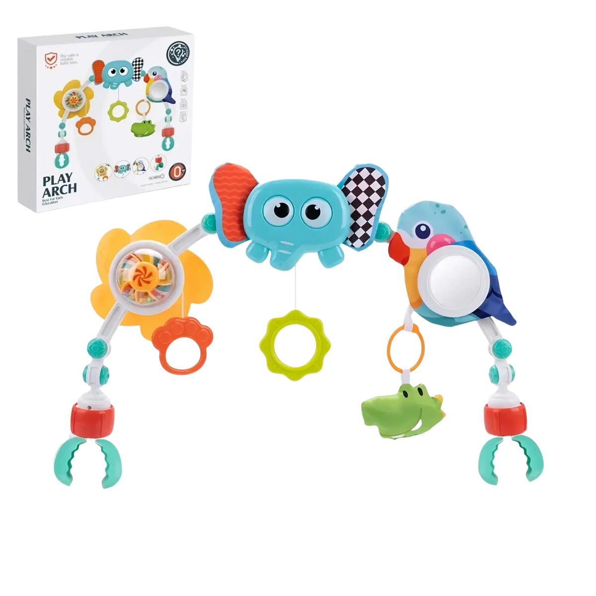 Colorful plastic stroller arch toy sensory activity center with elephant bird orange flower green ring and crocodile charm
