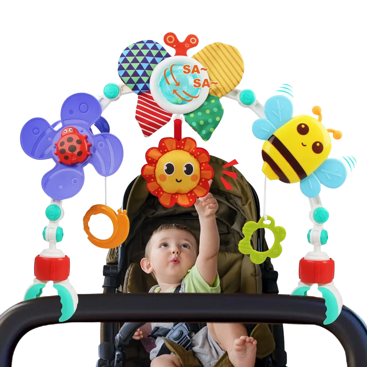 Colorful plastic stroller arch toy sensory activity center with insect and flower designs hanging above stroller