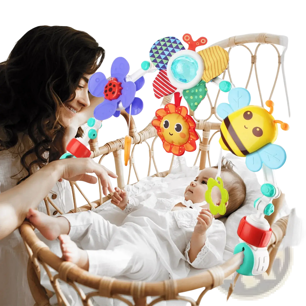 Colorful plush insect and flower stroller arch toy with soft textures and bright patterns for baby sensory activity