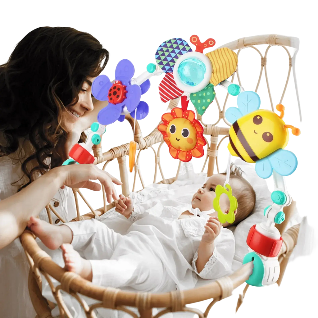 Colorful plush insect and flower stroller arch toy with soft textures and bright patterns for baby sensory activity