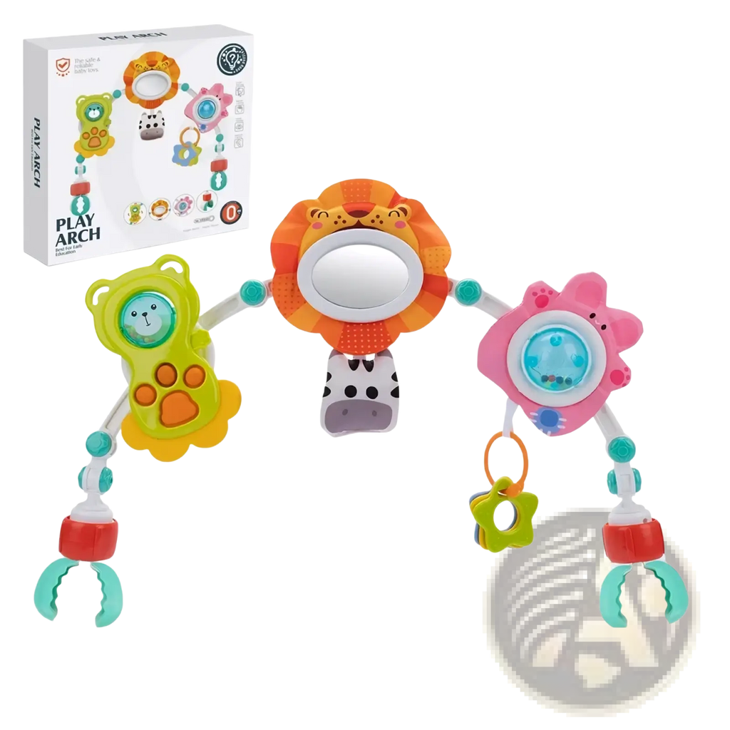 Brightly colored plastic stroller arch toy with animal-themed hanging sensory activity center for babies