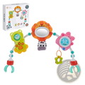 Brightly colored plastic stroller arch toy with animal-themed hanging sensory activity center for babies