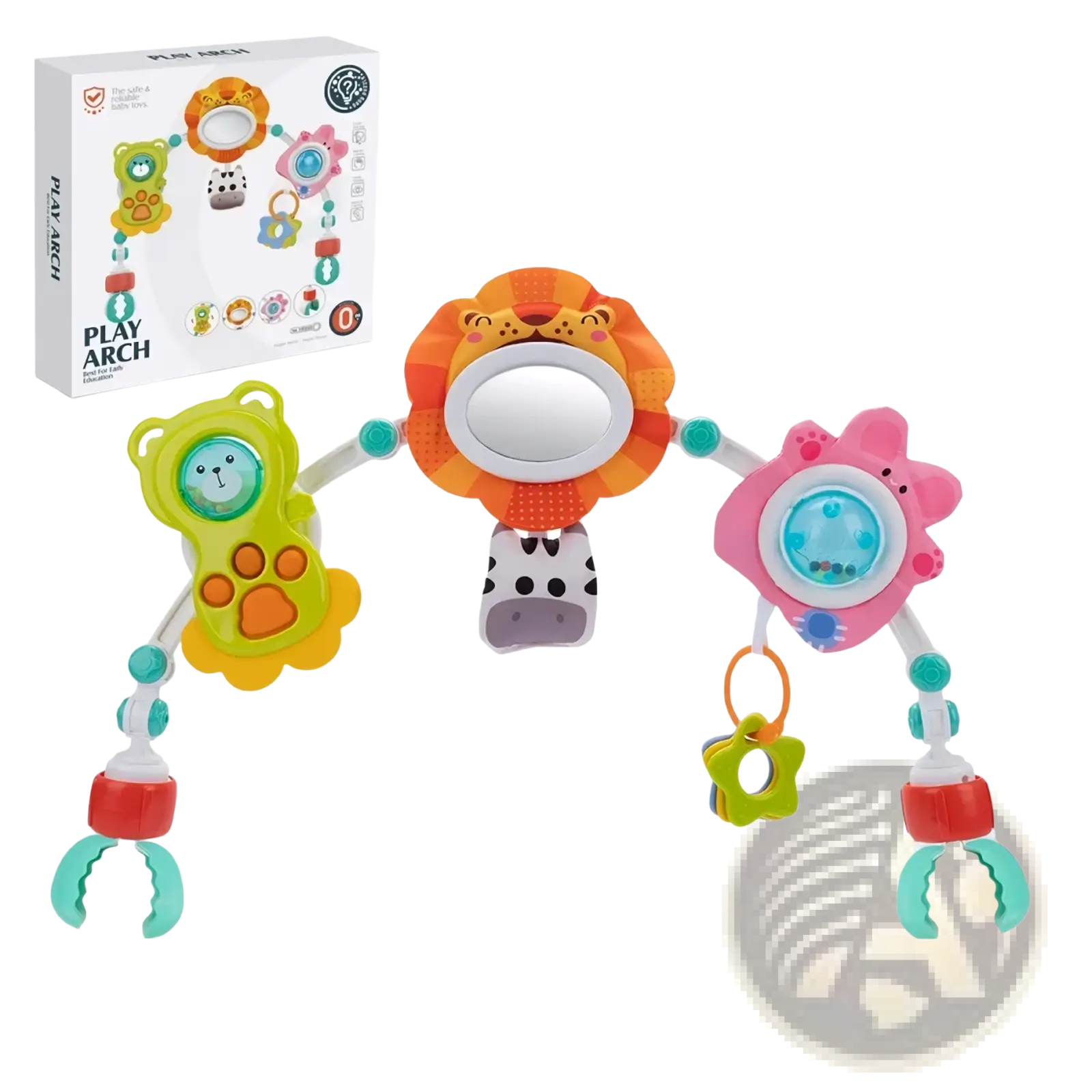 Brightly colored plastic stroller arch toy with animal-themed hanging sensory activity center for babies