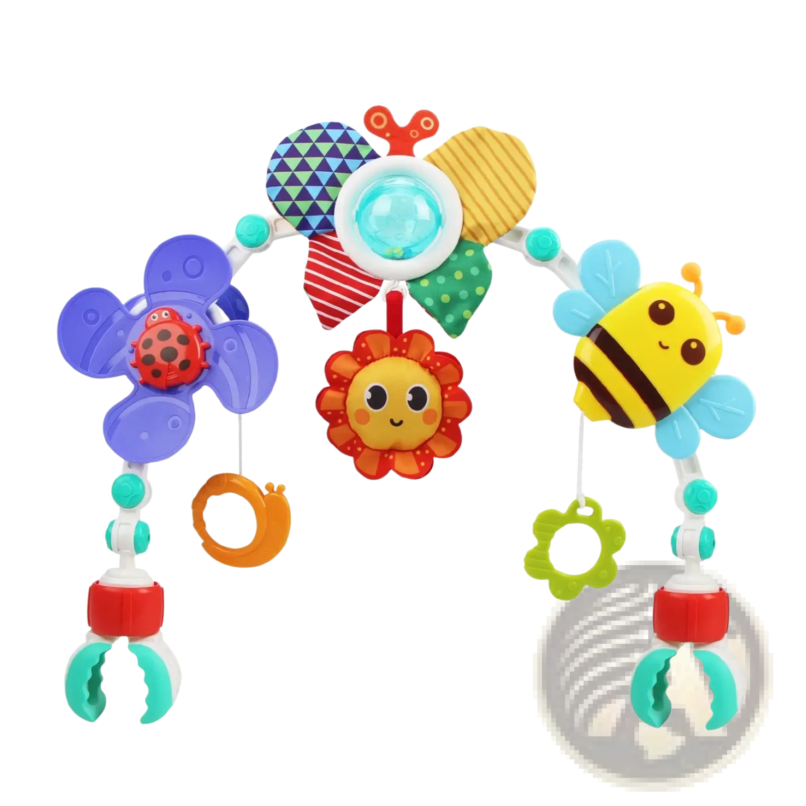 Colorful plastic stroller arch toy sensory activity center with insect and flower designs and a light-up orb