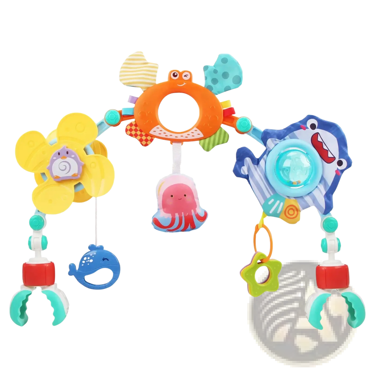 Brightly colored ocean-themed stroller arch toy with plush sea creatures and interactive sensory activity center for babies