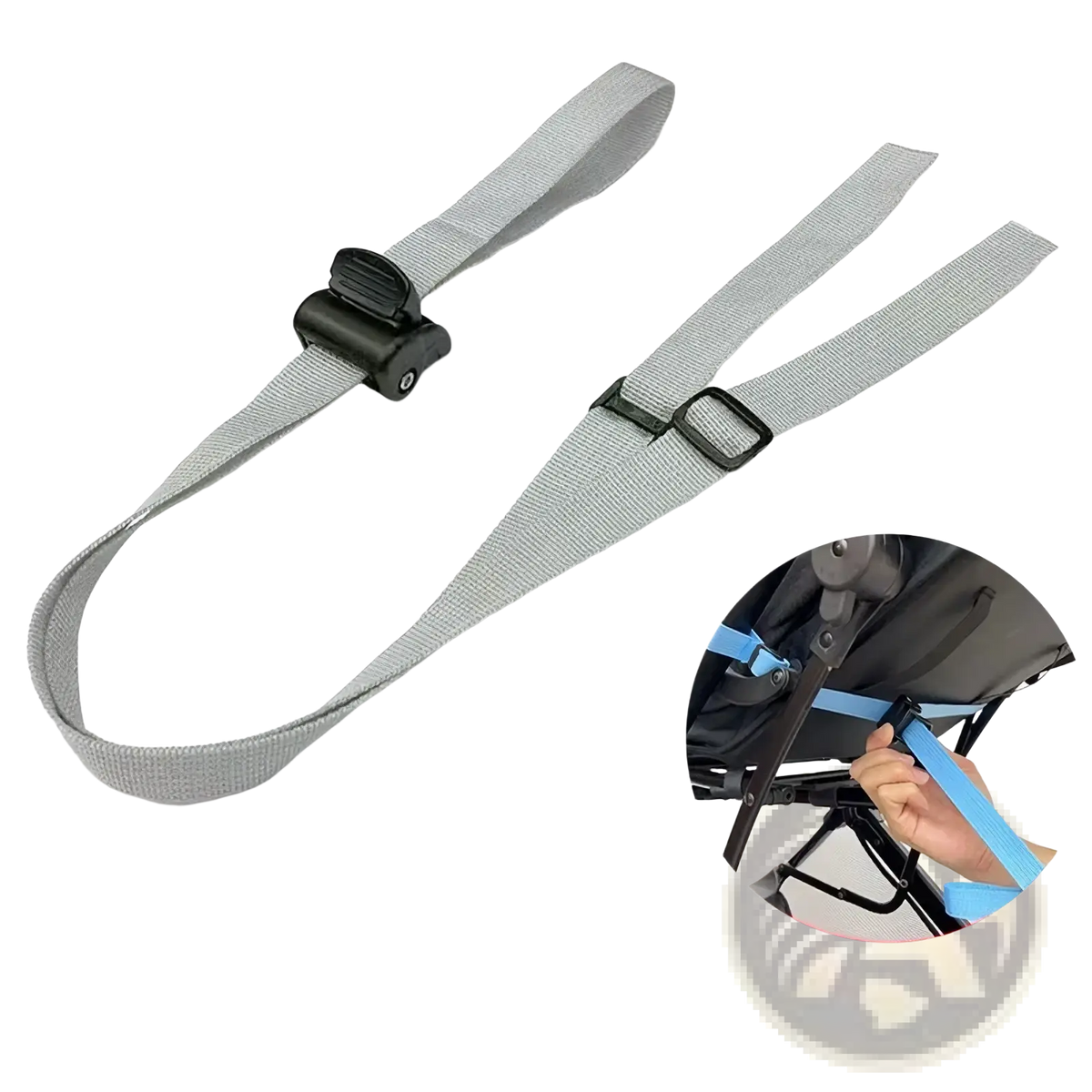 Gray fabric stroller backrest adjustment strap with black plastic buckle for secure fitting and easy size control