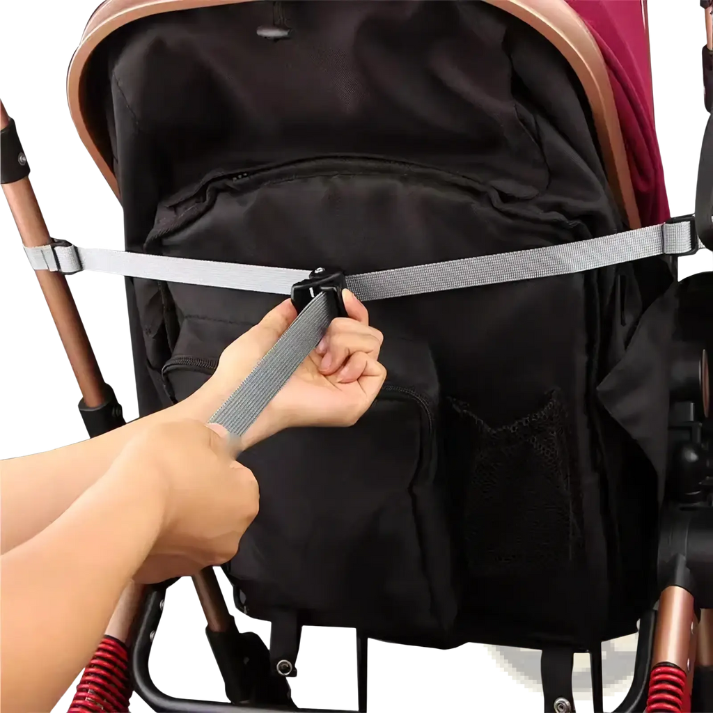 Gray webbing stroller backrest adjustment strap with black plastic buckle shown from the back side
