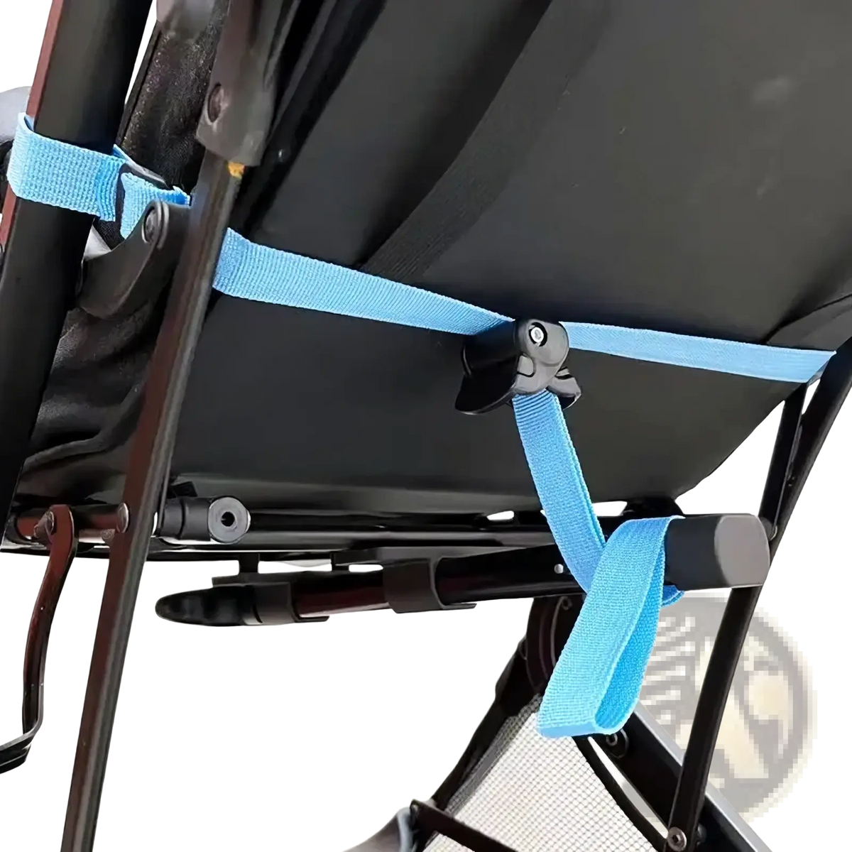 Light blue fabric stroller backrest adjustment strap with black plastic buckle attached to stroller frame