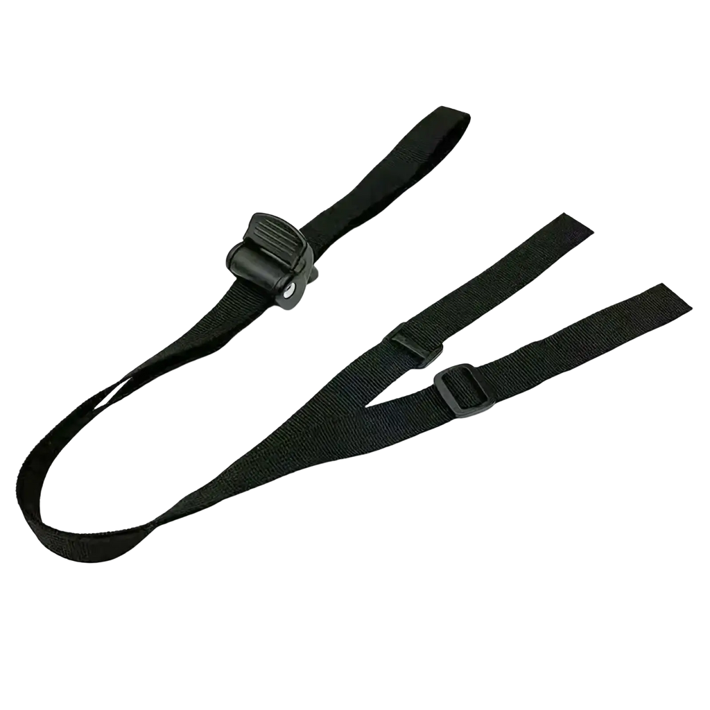 Black nylon stroller backrest adjustment strap with central buckle and two adjustable side straps shown from the back side