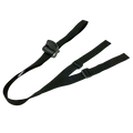 Black nylon stroller backrest adjustment strap with central buckle and two adjustable side straps shown from the back side