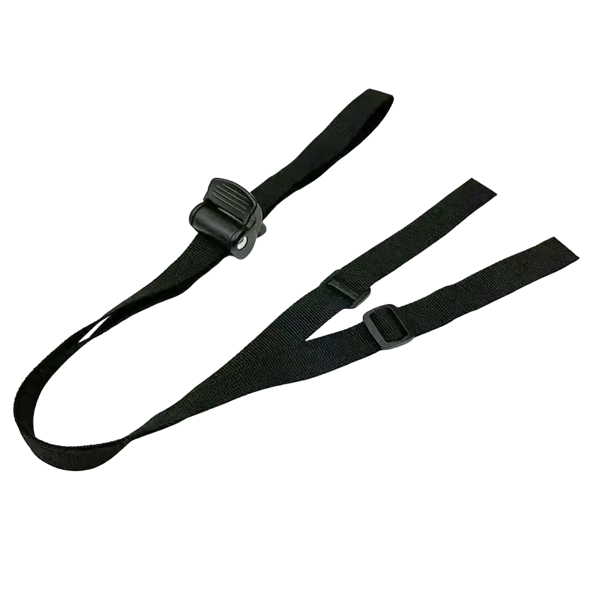 Black nylon stroller backrest adjustment strap with central buckle and two adjustable side straps shown from the back side