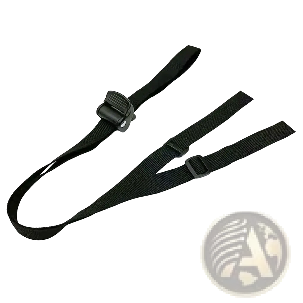 Black nylon stroller backrest adjustment strap with central buckle and two adjustable side straps shown from the back side