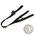 Black nylon stroller backrest adjustment strap with central buckle and two adjustable side straps shown from the back side