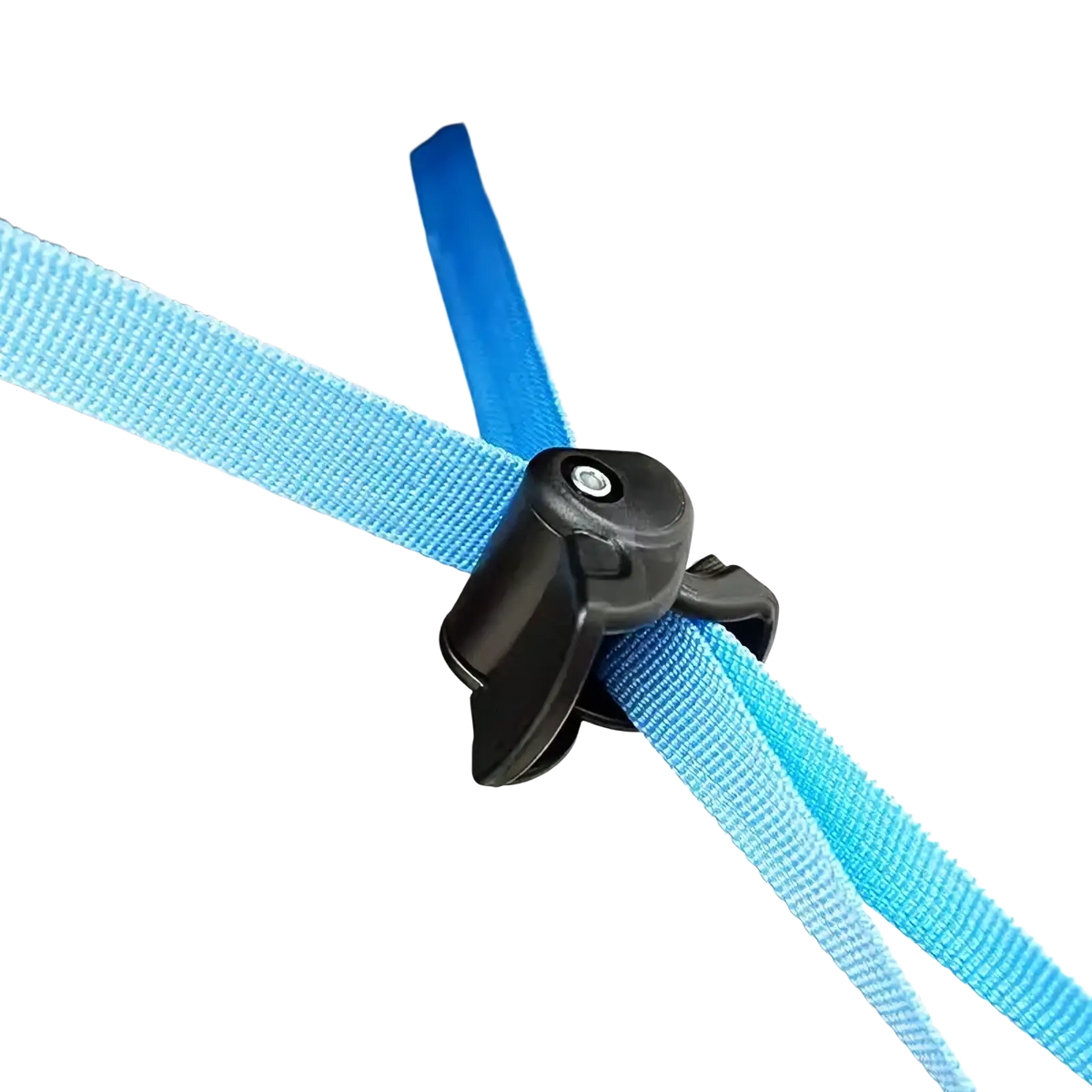 Black plastic clip securing two light blue woven straps on the back of a stroller backrest adjustment strap with buckle