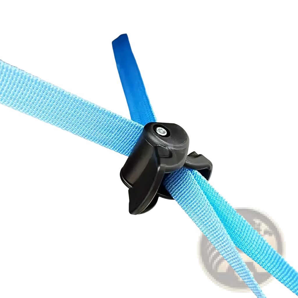 Black plastic clip securing two light blue woven straps on the back of a stroller backrest adjustment strap with buckle